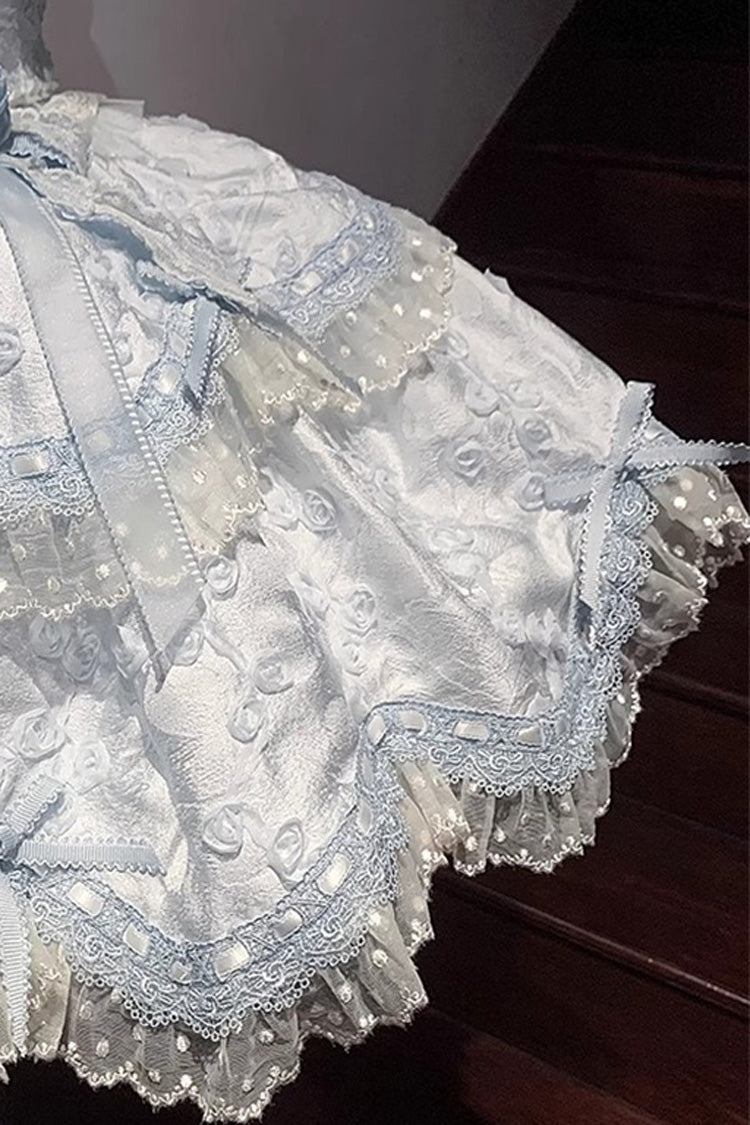 Robe Sweet Lolita Jsk à volants double couche broderie nœud papillon en dentelle [Floral Overture] bleue 