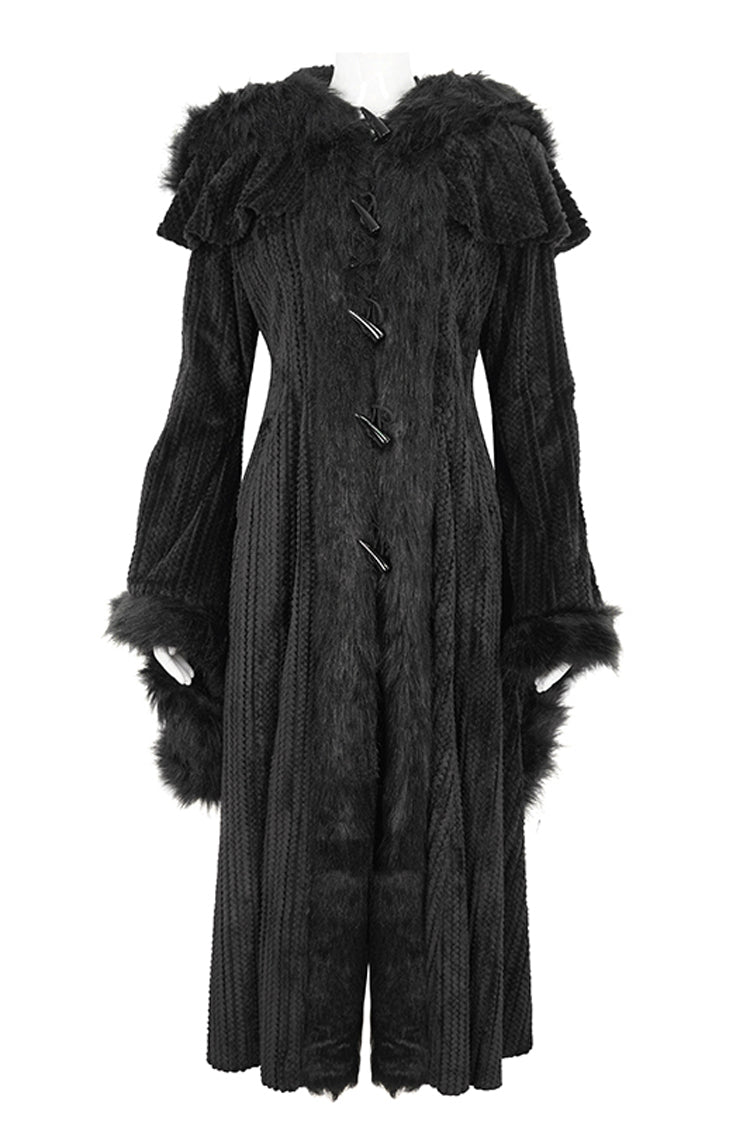 Black Flared Sleeved Fluffy Long Women's Gothic Coat With Hood