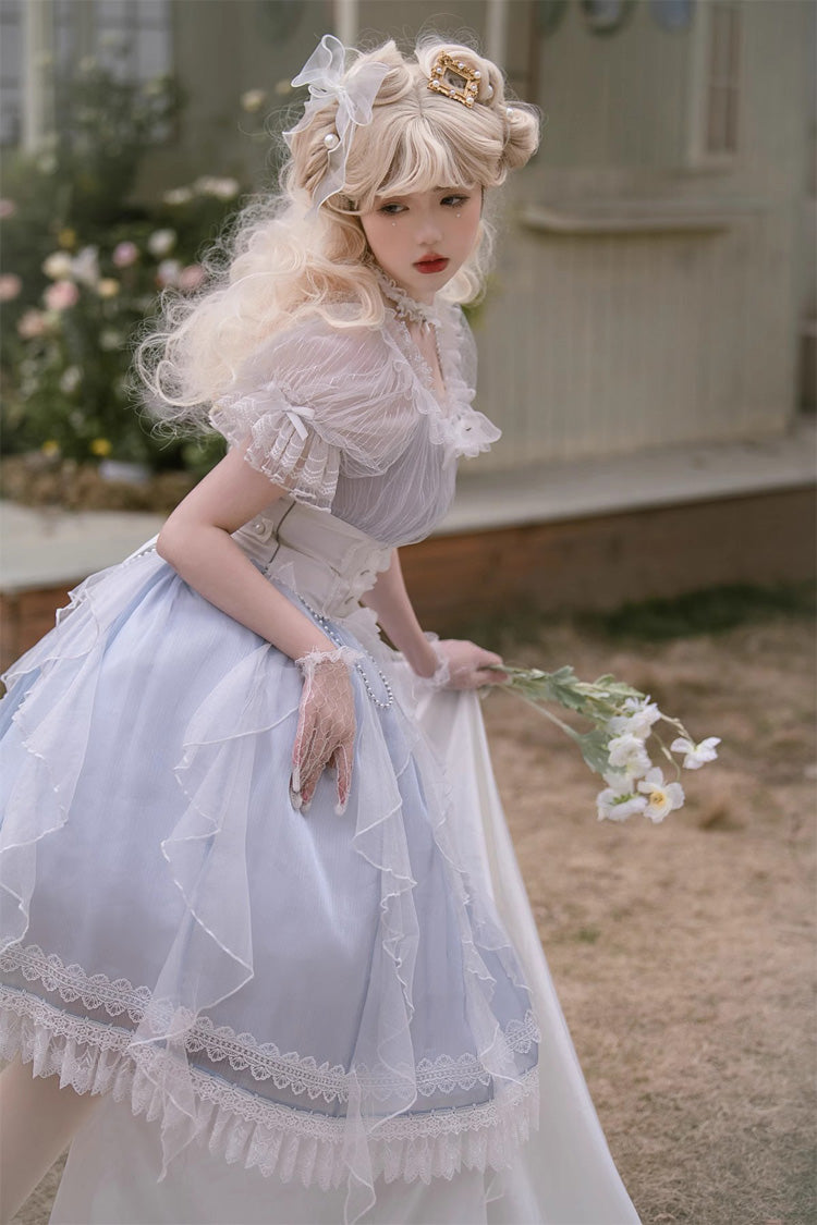 Blue Round Collar Mermaid Tears Short Sleeves Bowknot Sweet Princess Lolita Dress