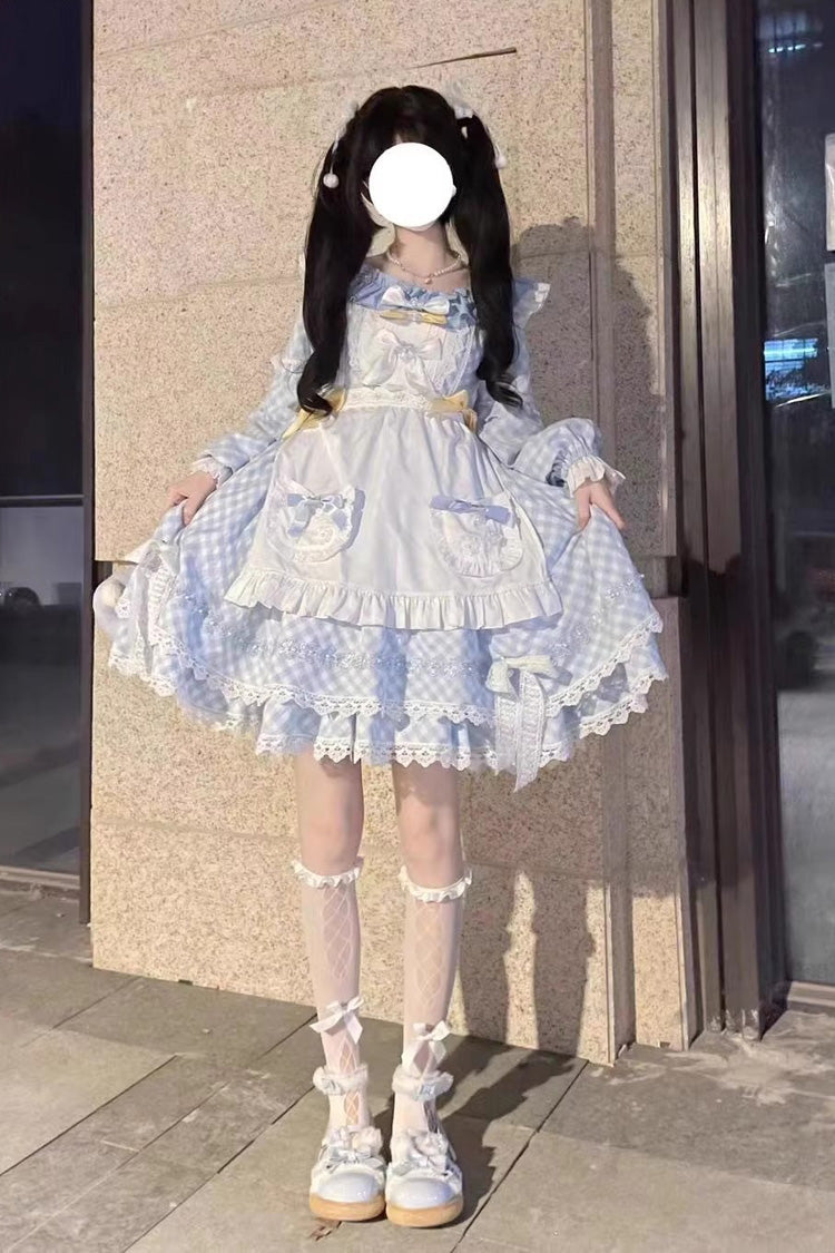 Blue Plaid Print Long Sleeves Bowknot Lace Sweet Lolita Dress