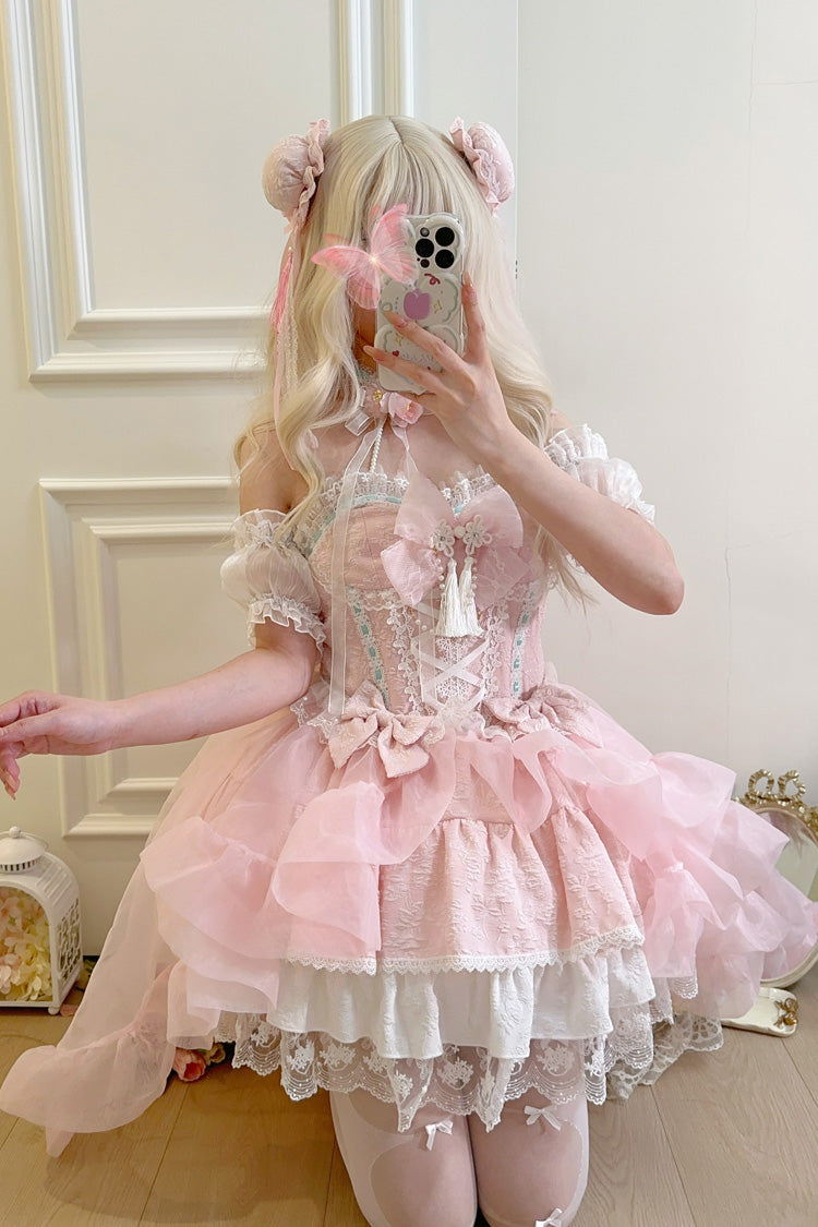 Pink [Rain and Flowers] Halterneck Jacquard Ruffle Bowknot Lace Sweet Lolita Jsk Dress