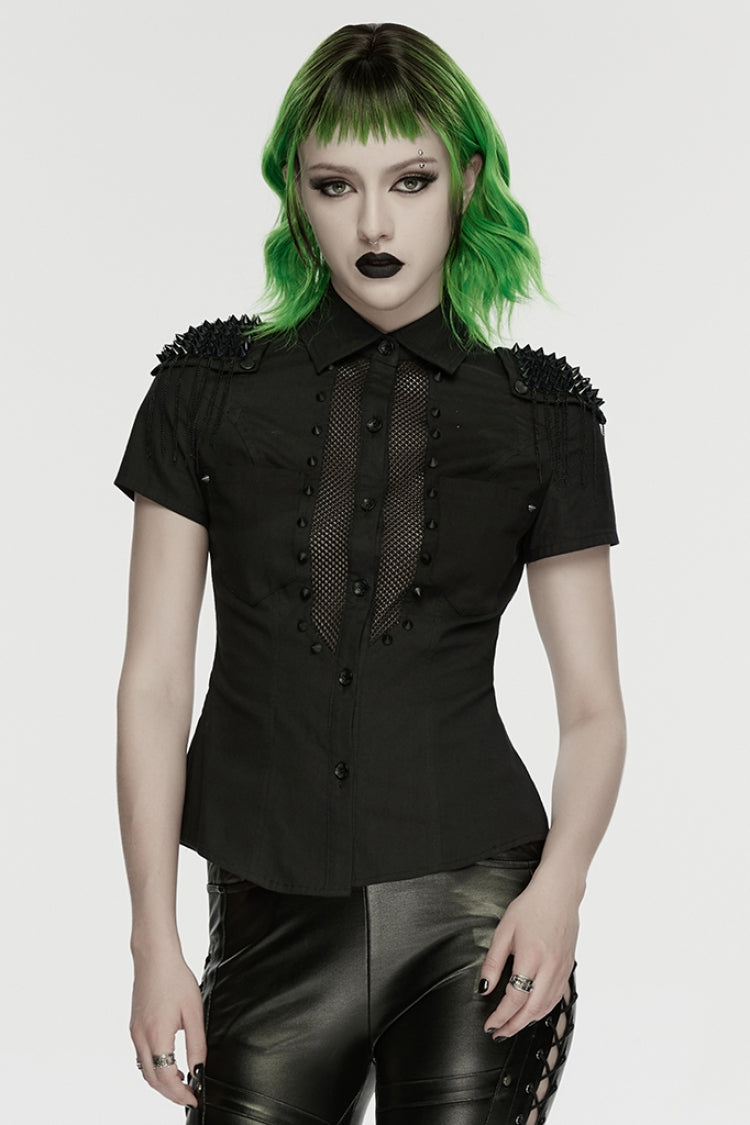ブラック ラペル カラー 半袖 メッシュ スタッズ タッセル レディース パンク ブラウス