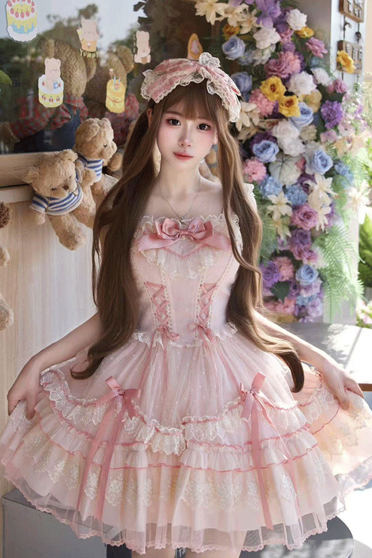 Pink [Candy House] Sleeveless Ruffle Bowknot Lace Lace-Up Sweet Lolita Jsk Dress