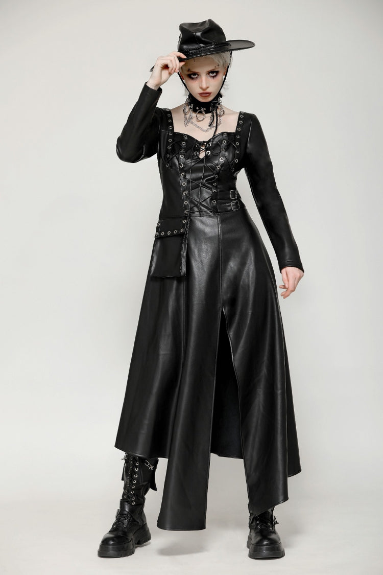 Schwarzes Damen-Punk-Kleid mit langen Ärmeln, ausgeschnittenen Seitenschlitzen und unregelmäßigem Saum