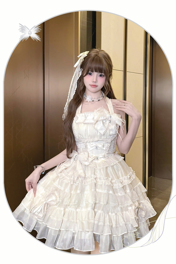 Apricot [Swan Overture] Halterneck Sleeveless Multi-Layered Ruffle Bowknot Lace Sweet Lolita Dress