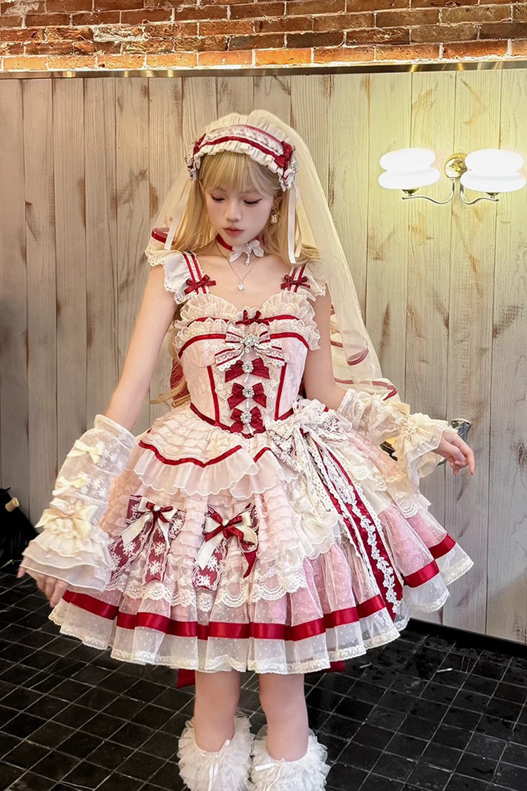 Pink [Moonstone] Sleeveless Ruffle Embroidery Bowknot Lace Fishbone Sweet Princess Lolita Dress