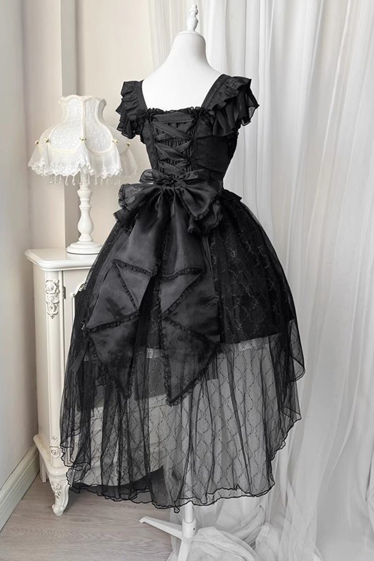 ブラック半袖フリルローズちょう結びエレガントプリンセスゴシックロリータティアードドレス