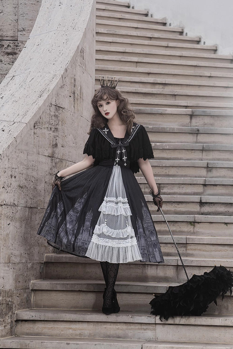 Schwarzes ärmelloses Gothic Vintage Lolita Jsk Kleid mit Spitze und Print