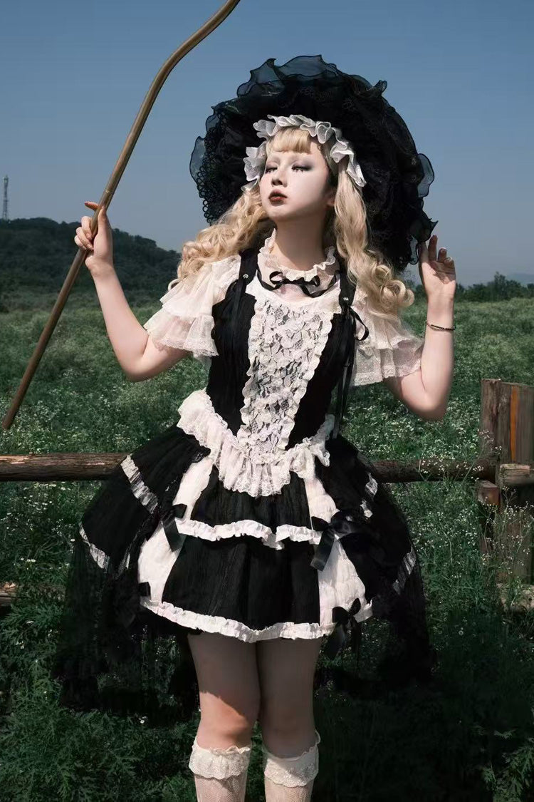 Black [Twilight] Double-Layered Ruffle Bowknot Lace Gothic Elegant Ballet Lolita Skirt Set