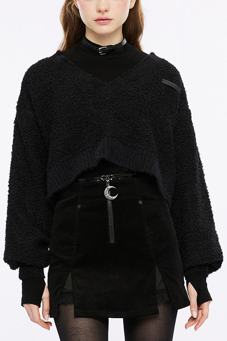 ブラックウールテクスチャVカラー長袖レディースゴシックTシャツ