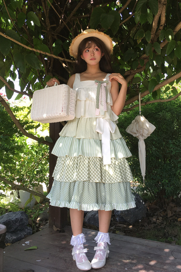 グリーン [Go To The Forest] マルチレイヤープリント フリル ホリデー スイート ロリータ ジャンパースカート ドレス 