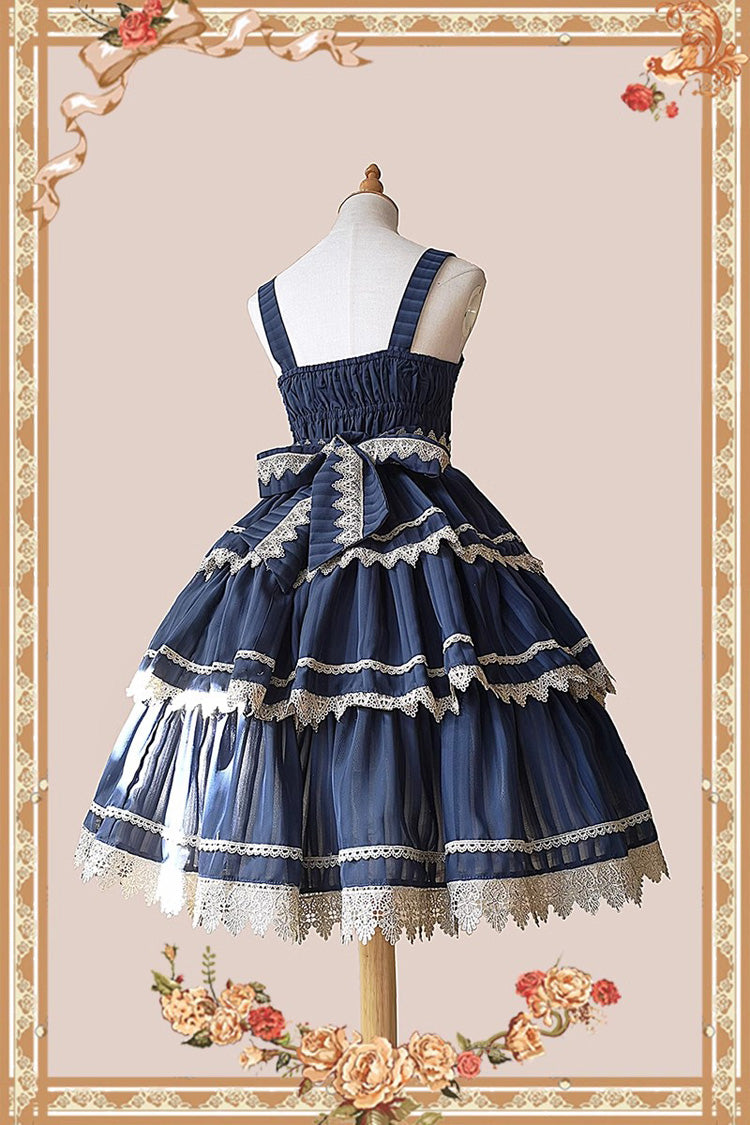Dark Blue Three-section Cake Sleeveless Ribbon Sweet Lolita Tiered Dress