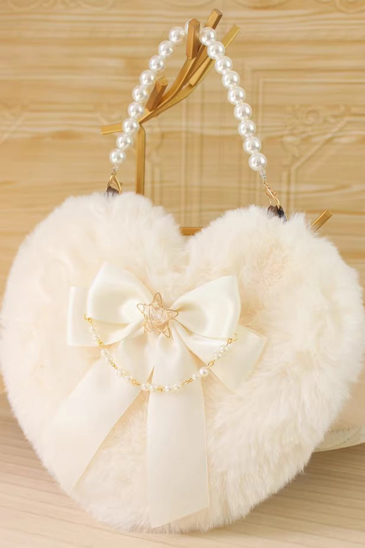 Sac à main Lolita doux avec nœud papillon en forme de cœur duveteux et perles, 17 couleurs 