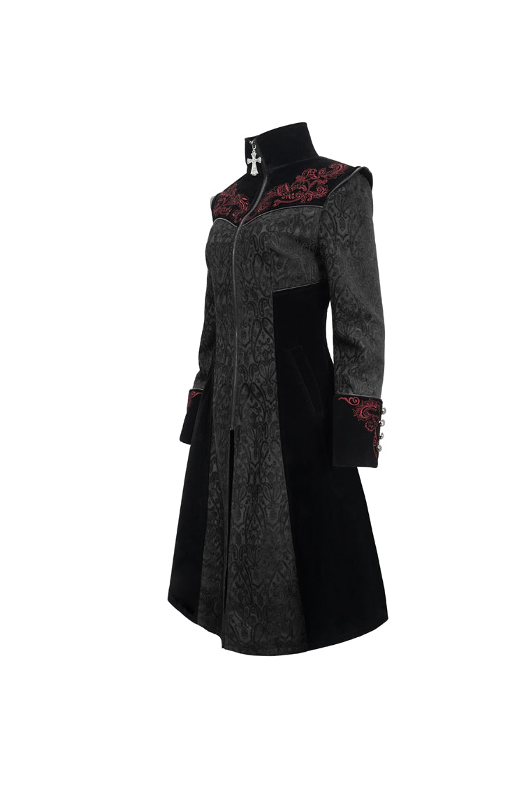 Black Jacquard Studded Mushroom Buckle Metal Cross Embroidered Women's Gothic Coat