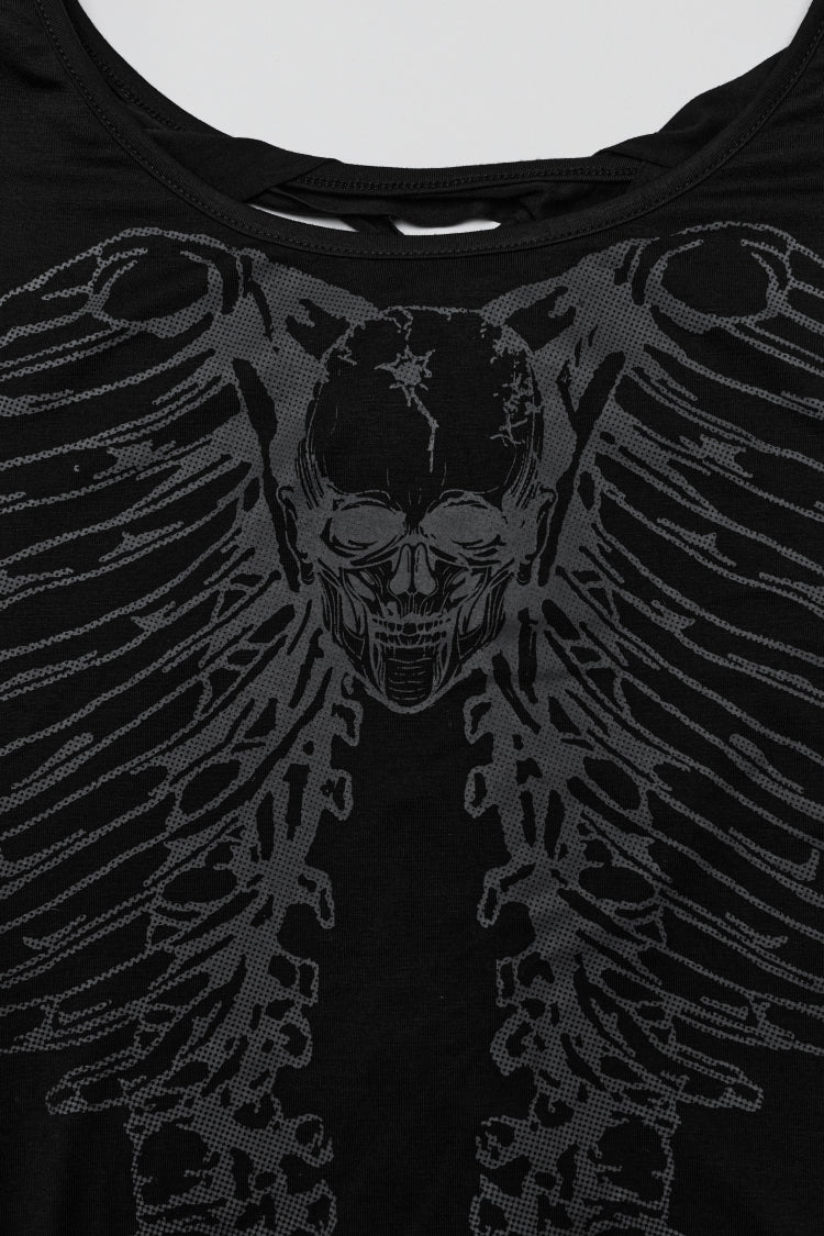 Black Skull Bone Print Hollow Slim Metal Chain Women's Steampunk Vest