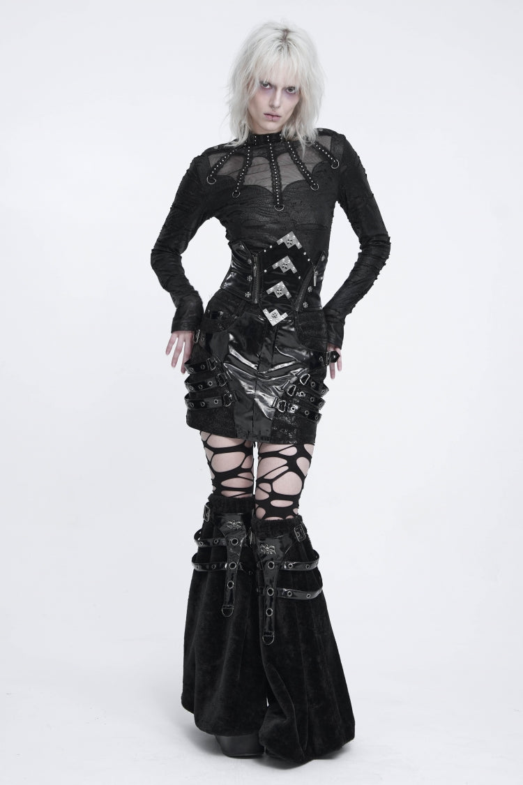 Black Cut-Out Patchwork Slim Fit Buckled Women's Punk Cool Skirt