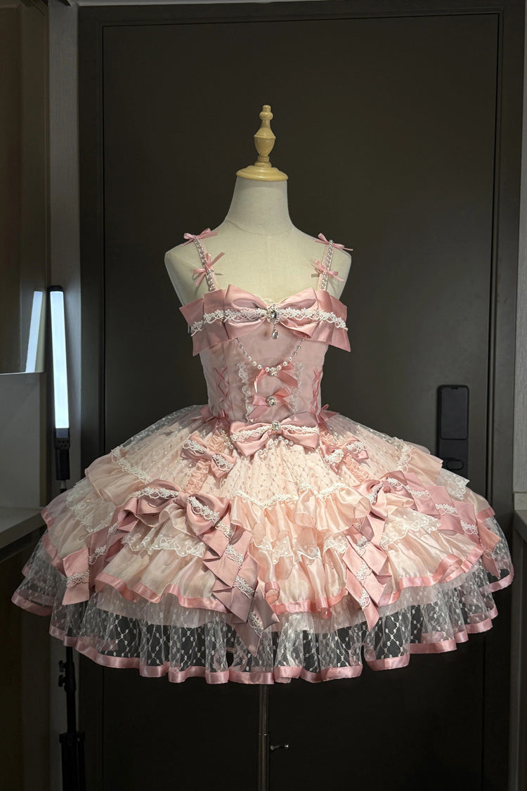 Pink [Gem Love] Sleeveless Triple-Layered Ruffle Bowknot Lace Sweet Ballet Lolita Jsk Dress
