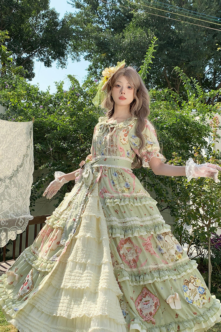 Robe Lolita douce et magnifique à manches courtes avec imprimé à volants et nœud papillon [Thé de Rose Chat Vert] 