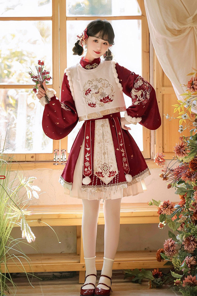 Red Round Collar Long Lantern Sleeves High Waisted Embroidered Women's Sweet Hanfu Dress Set