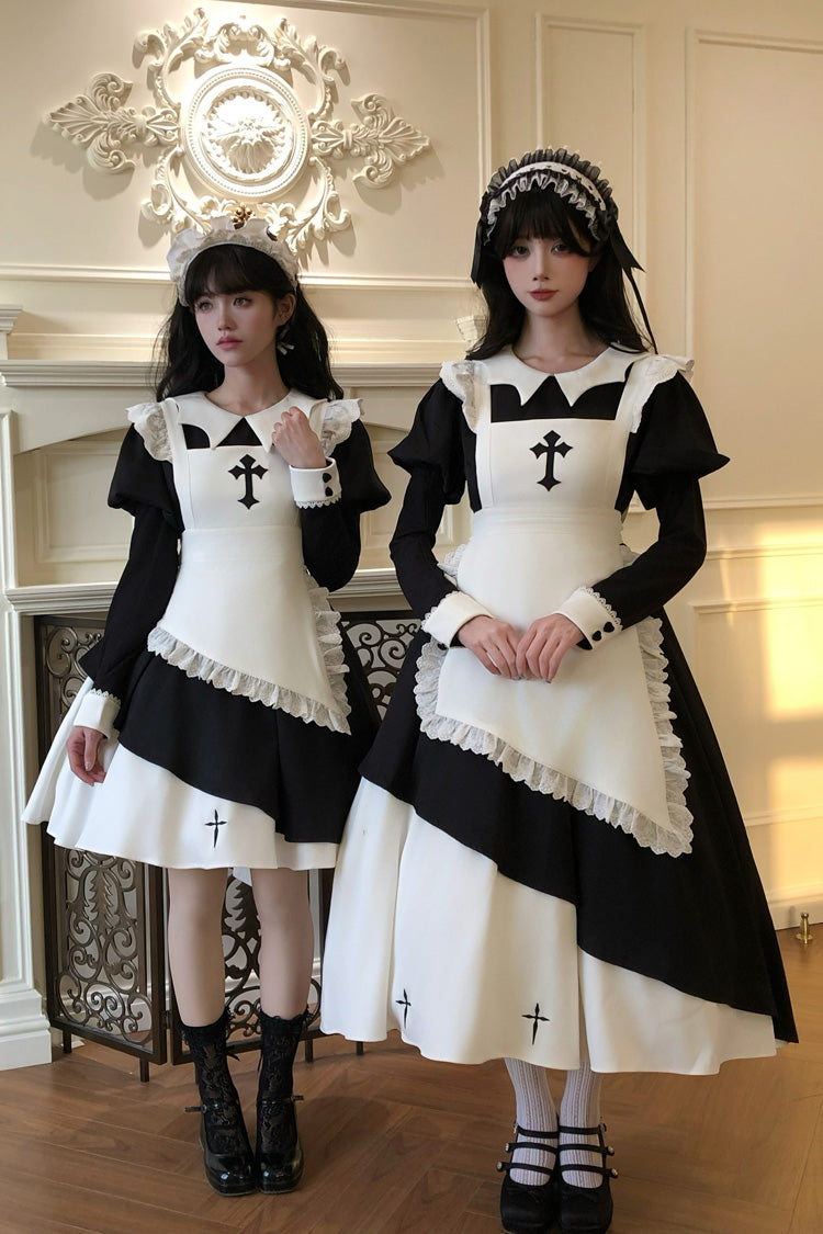 Schwarz/Weiß [Halloween Little Maid] Reverskragen, lange Ärmel, bedrucktes, gerüschtes, asymmetrisches Nonnen-Gothic-Lolita-Kleid