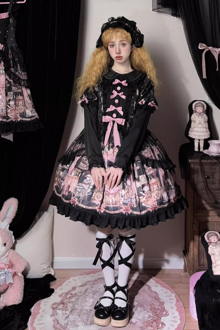 Noir [Le Cas de l'Agneau Disparu] Imprimé Manches Longues Volants Nœud Papillon Dentelle Robe Gothic Lolita 