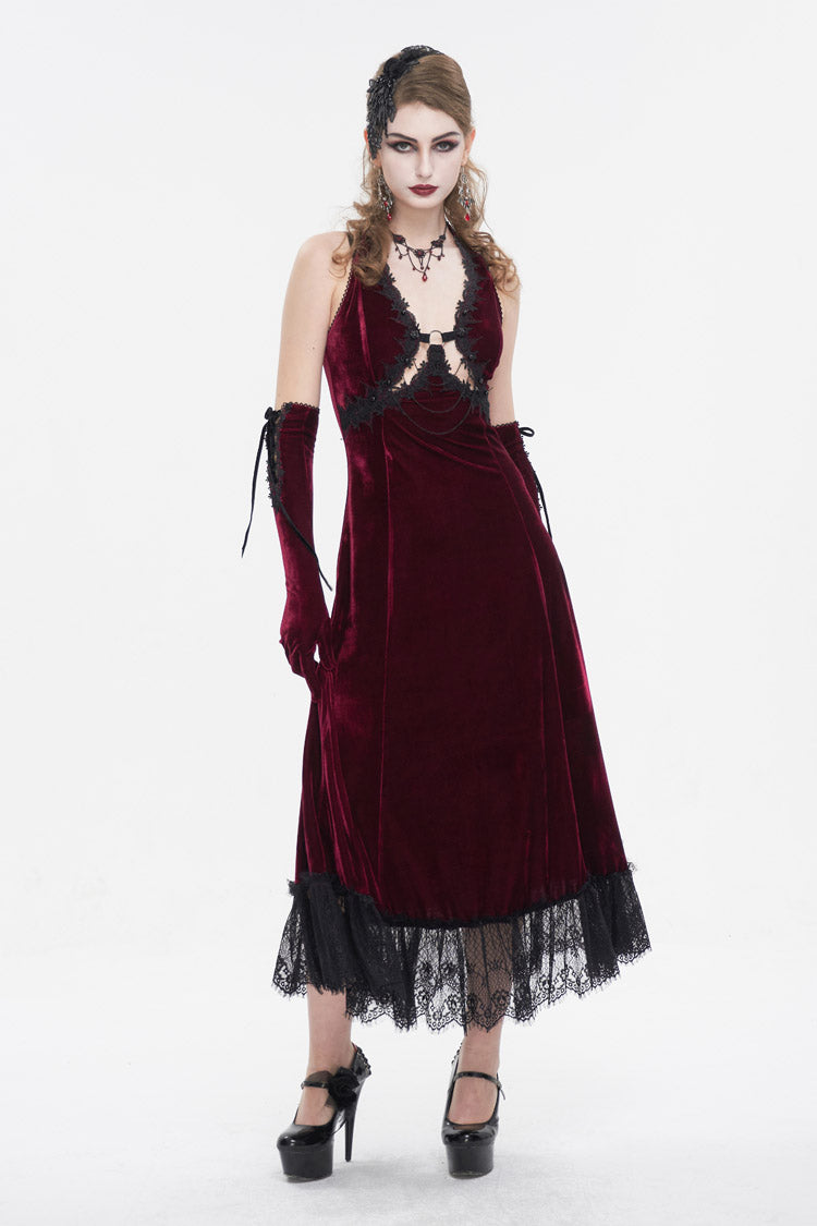 Red Lace Up Lace Hem Slip Long Women's Gothic Dress