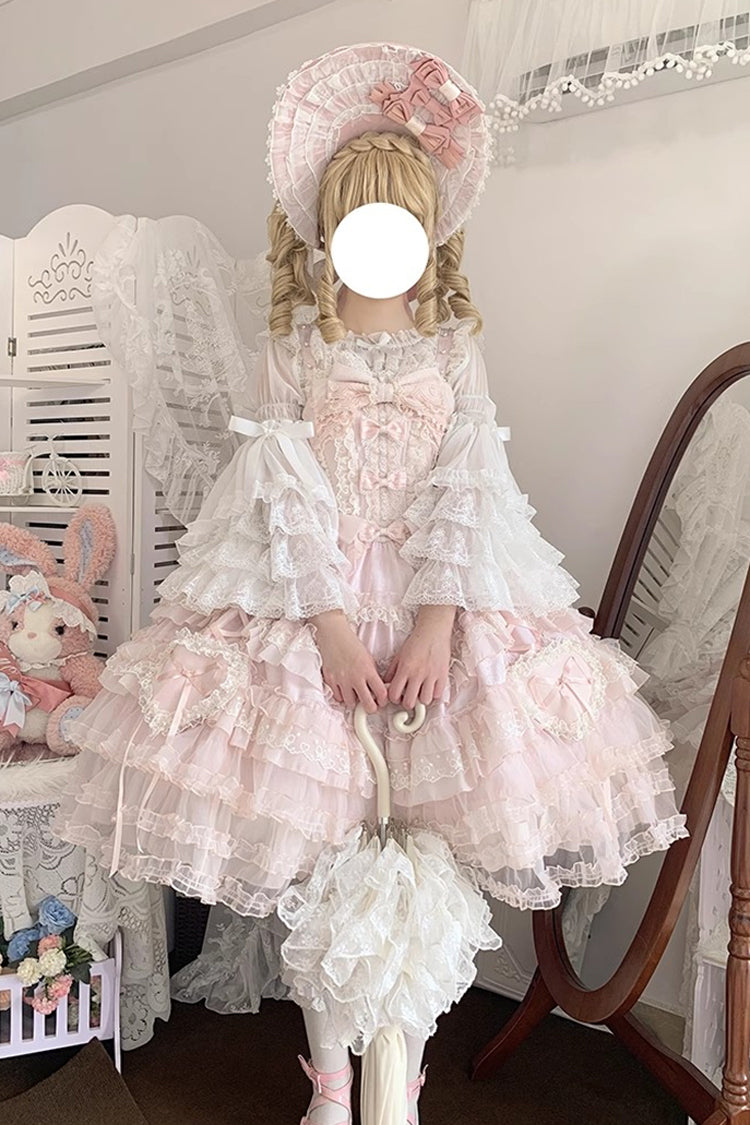 Pink [Sweetheart Diary] Multi-Layered Ruffle Hanayome Embroidery Bowknot Lace Sweet Lolita Jsk Dress