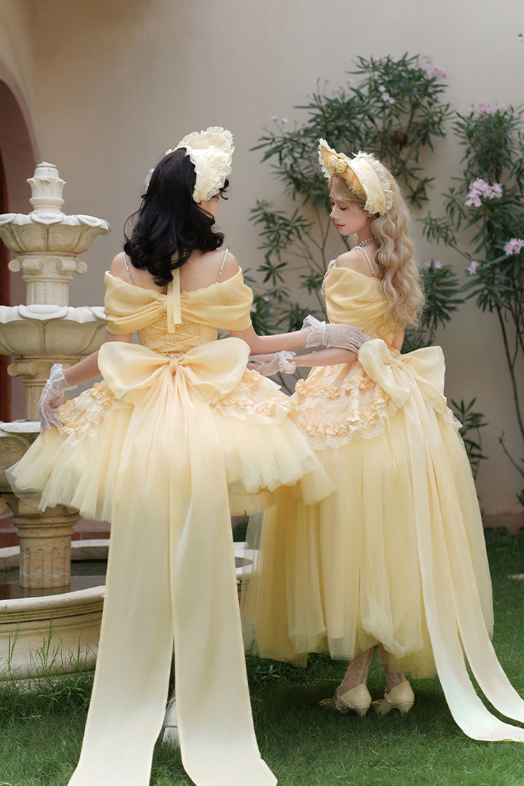 Yellow [Sissi's Pilgrimage] Off Shoulder Ruffle Bowknot Lace Sweet Lolita Skirt (Short Version)