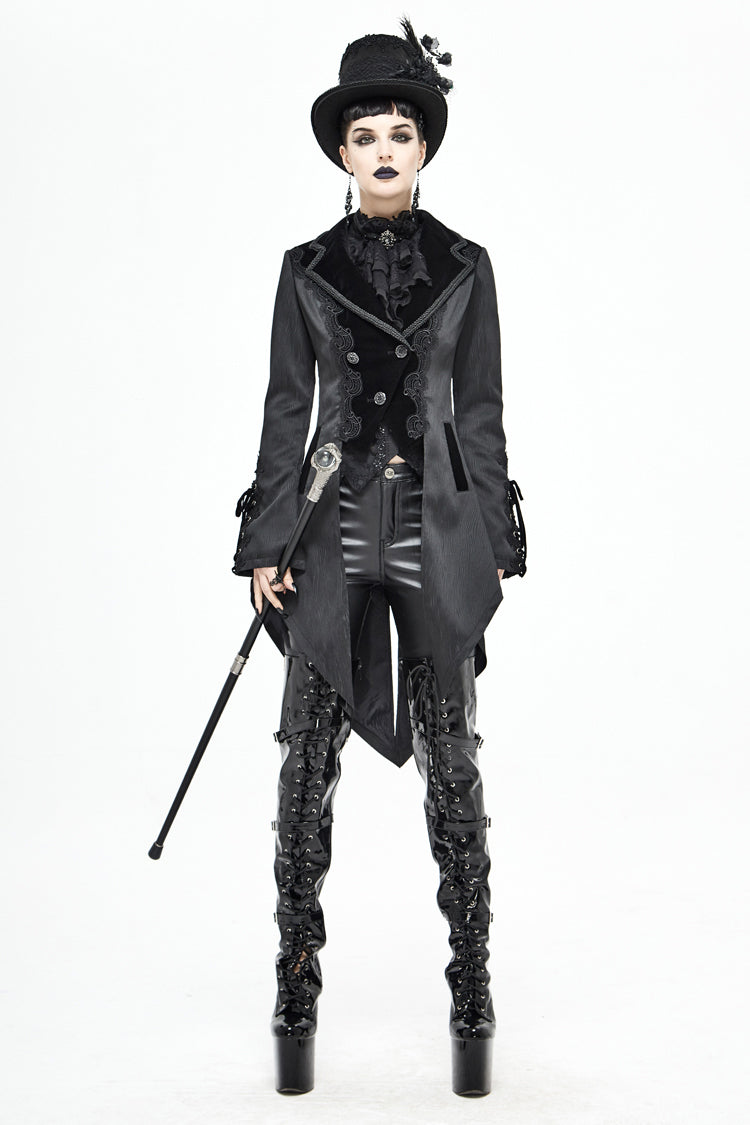 Black Front Decals Metal Button Lace-Up Cuff Dovetail Hem Striped Jacquard Women's Gothic Coat