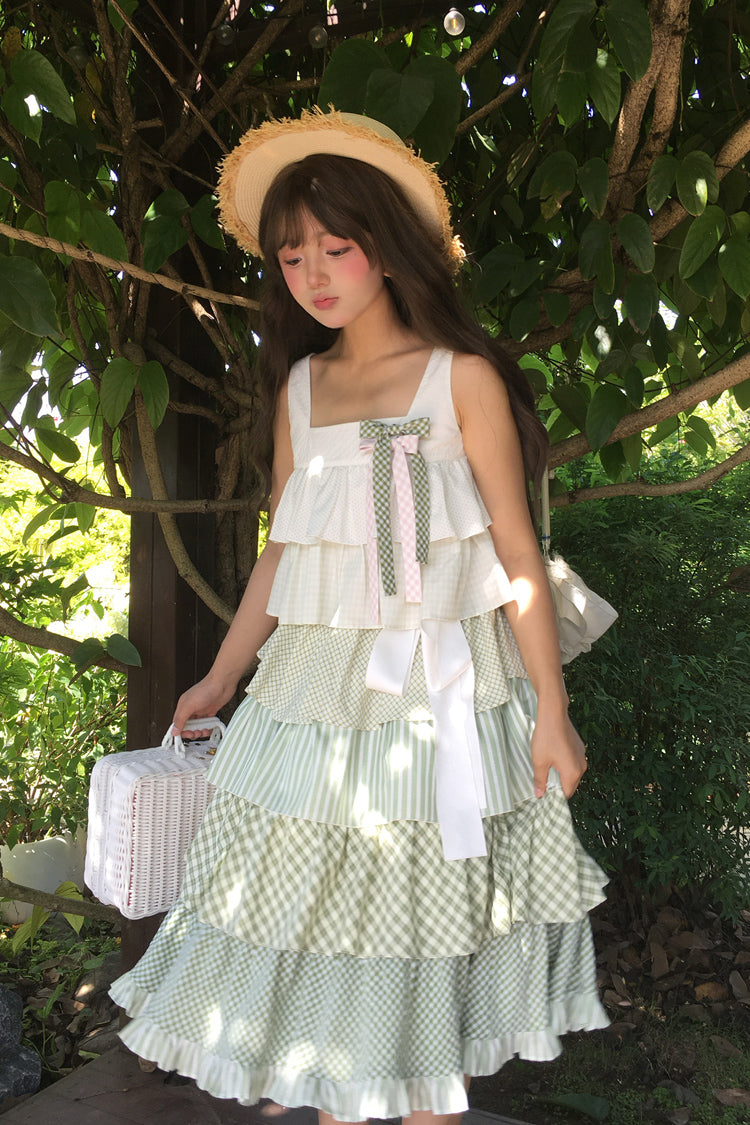 グリーン [Go To The Forest] マルチレイヤープリント フリル ホリデー スイート ロリータ ジャンパースカート ドレス 