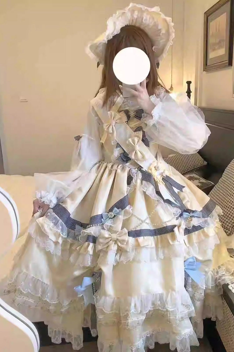 Gold Long Sleeves Multi-Layered Ruffle Bowknot Lace Sweet Princess Lolita Dress