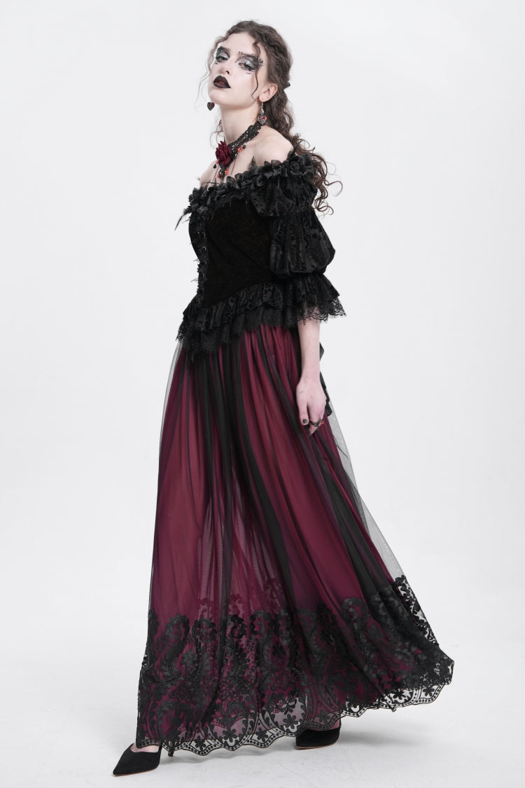 Red Stitching Floral Mesh Women's Gothic Skirt