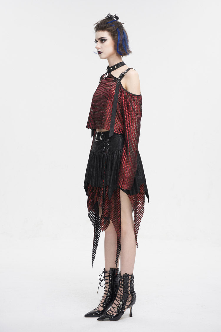 Rotes, schulterfreies, transparentes Crop-Top mit Schnalle für Damen im Gothic-Stil