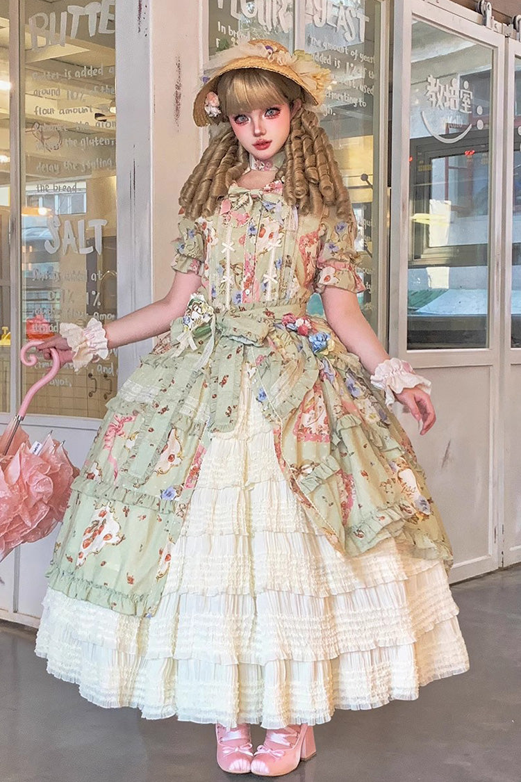 Robe Lolita Douce Quotidienne à Manches Courtes Imprimée Vert [Thé de Rose de Chat] avec Volants et Nœud Papillon 