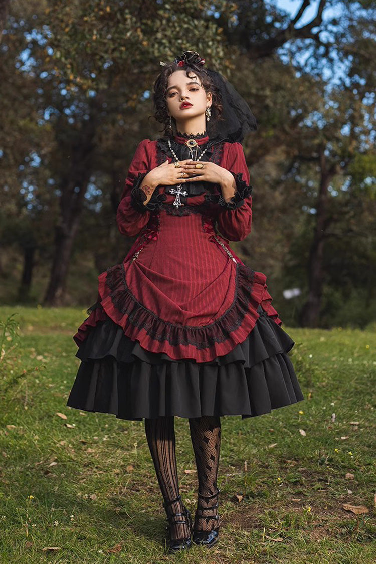 Point Manor Solid Color Stand Collar Long Sleeves Multi-layer Ruffle Gothic Lolita Dress 5 Colors