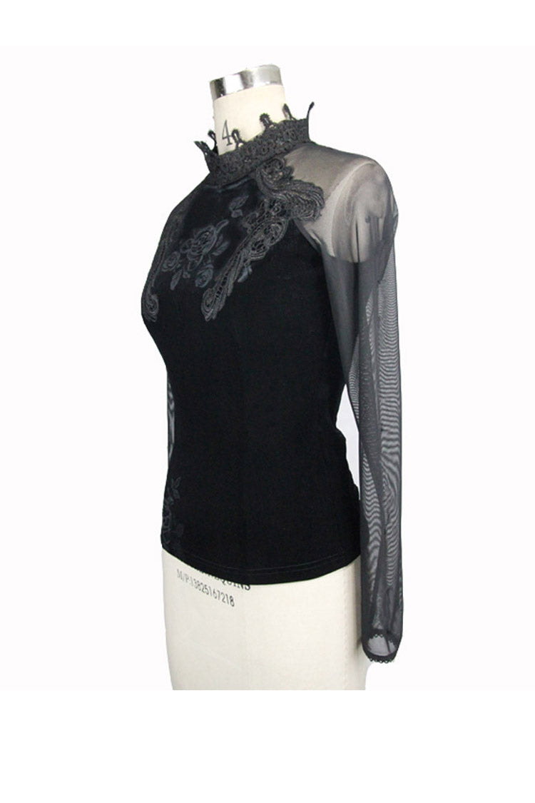 Black High Collar Front Chest Rose Decals Mesh Long Sleeve Rose Embossed Velvet Women's Gothic T-Shirt