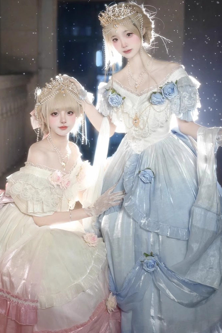 Gradient Color Short Sleeves Multi-layer Ruffle Bowknot Sweet Elegant Princess Lolita Dress 3 Colors