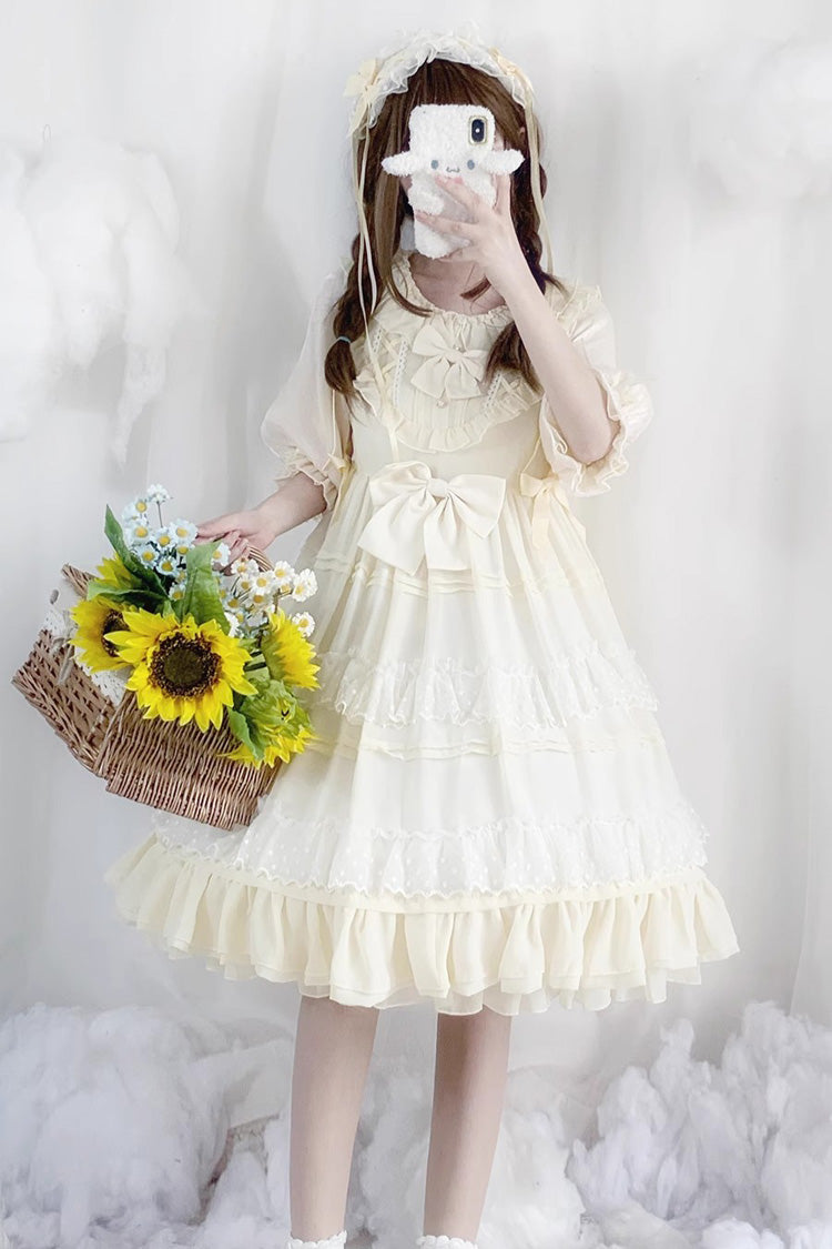 Beige Lace Cool Angel Short Sleeves Bowknot Ruffle Sweet Lolita Dress