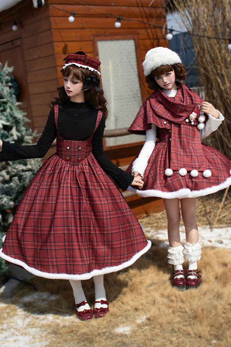 Red Striped Plaid Print Fall Winter Fishbone Sweet Corset Lolita Dress 2 Versions