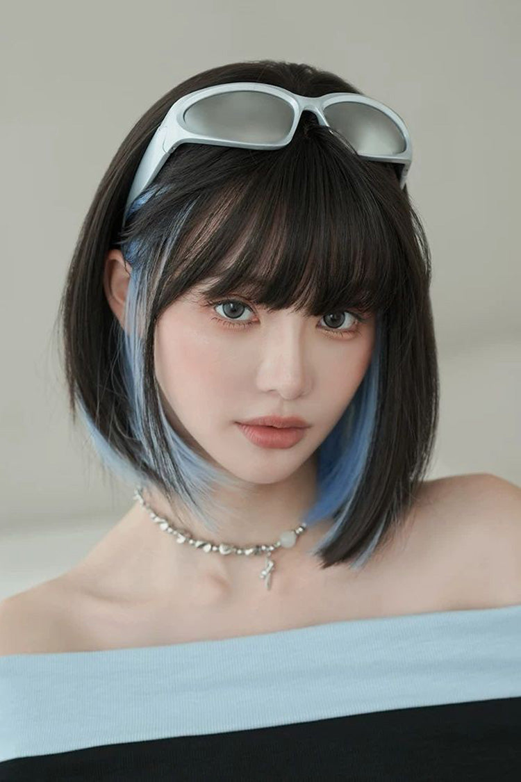 Himmelblaue/schwarze Highlight-natürliche, gesichtsumrahmende Schlüsselbein-Bob-Sweet-Lolita-Perücke