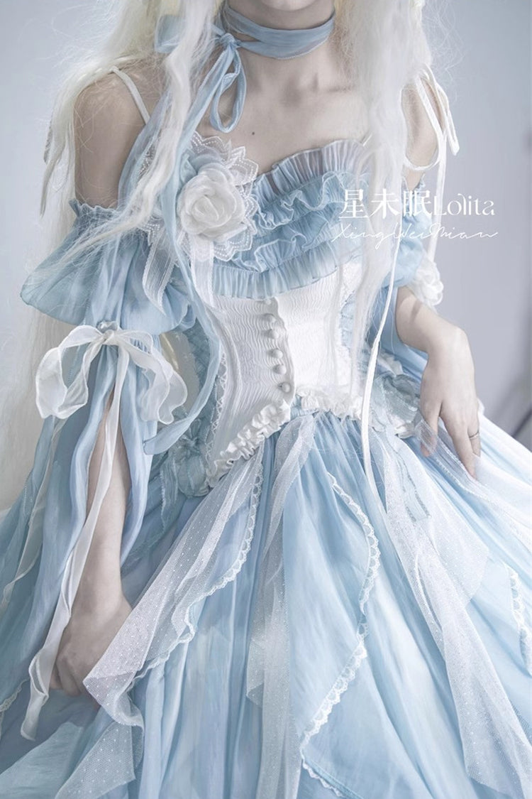 [Praise of the Flower Goddess] Off Shoulder Ruffle Hanayome Bowknot Lace Fishbone Sweet Lolita Jsk Dress 2 Colors