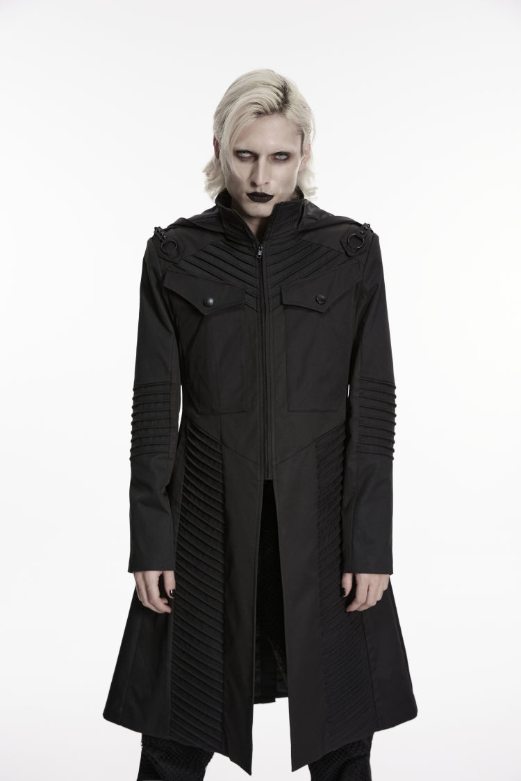 Veste punk noire à col montant et manches longues pour hommes avec fermeture éclair et capuche