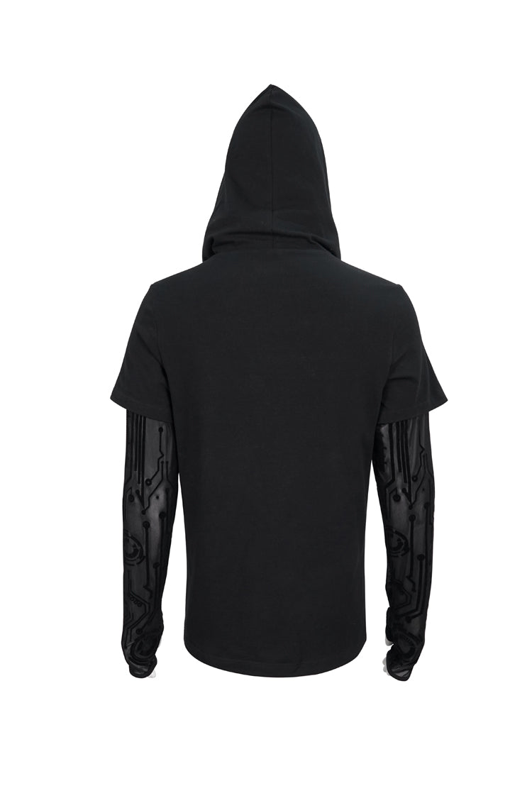 ブラックパネルメッシュ長袖スーパーハイカラーマスク回路図プリントフード付きニットメンズパンクTシャツ
