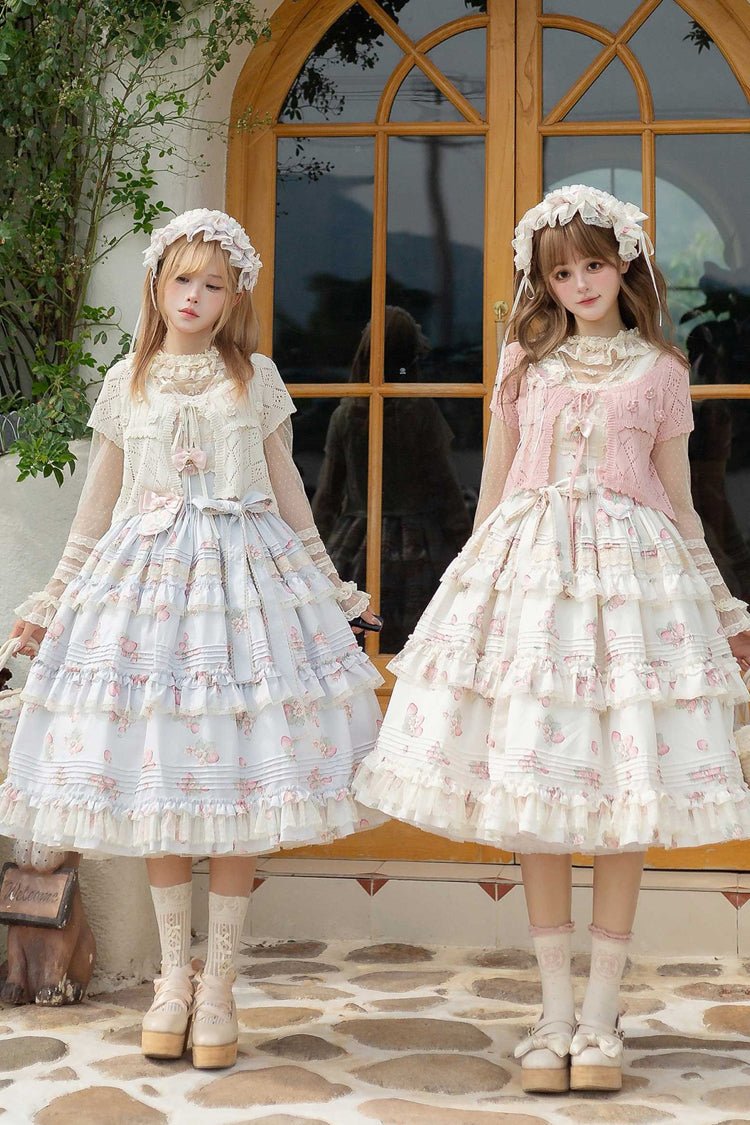 [Strawberry Garden] Sleeveless Multi-Layered Printed Ruffled Bow Sweet Lolita Jsk Dress 2 Colors