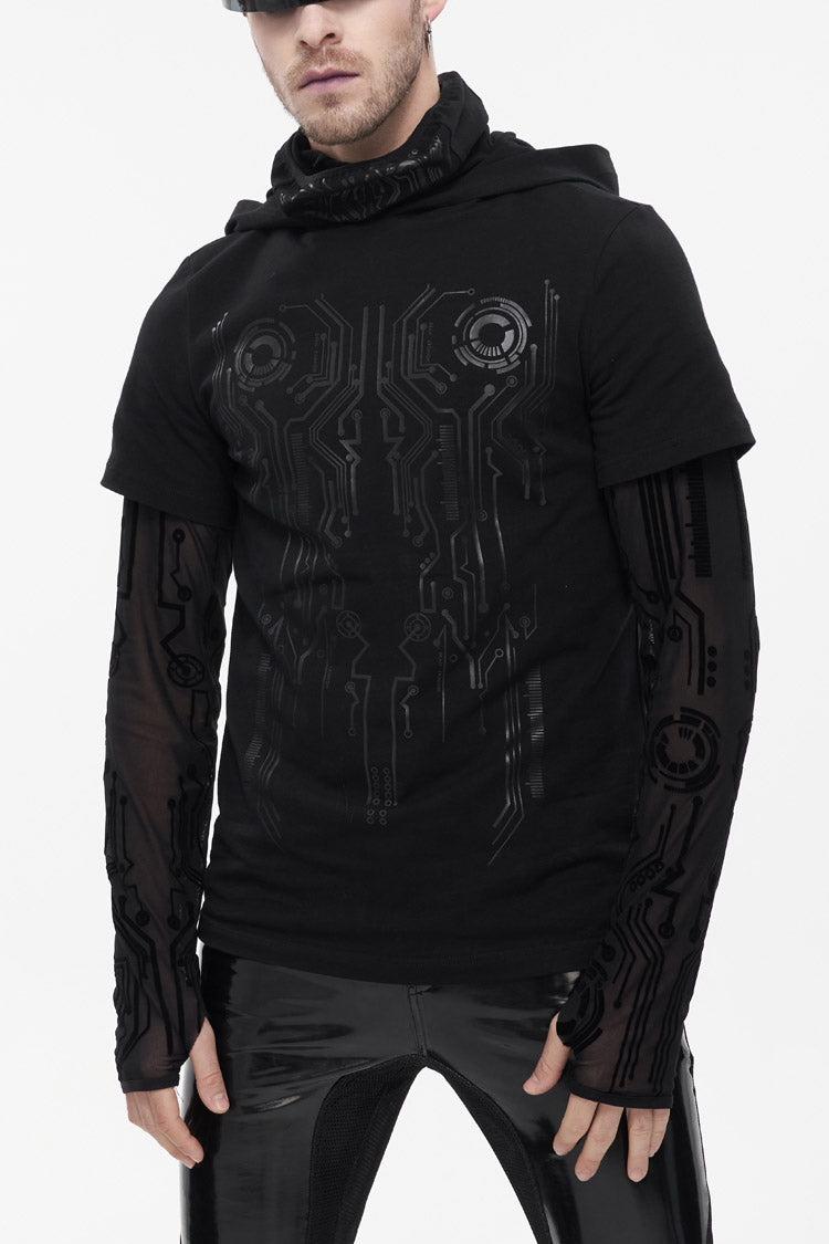 Black Paneled Mesh Long Sleeve Super High Collar Masked Circuit Diagram Printed Hooded Knitted Men's Punk T-Shirt