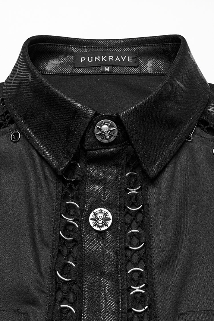 Black Lapel Collar Long Sleeves Stitching Pin Mesh Men's Punk Blouse