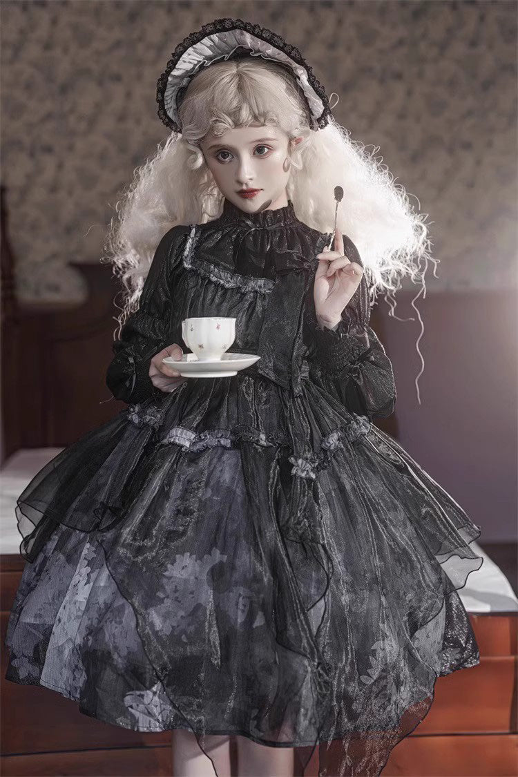 Black Stand Collar High Waisted Dead Leaves Print Tulle Gothic Princess Lolita Jsk Dress