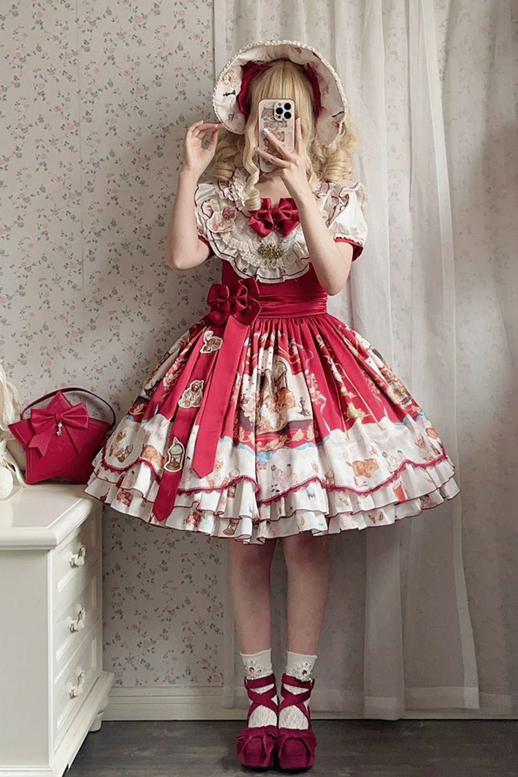 Red [The Tale of a Curious Cat] Round Collar Short Sleeves Double-Layered Printed Ruffled Bow Sweet Lolita Dress