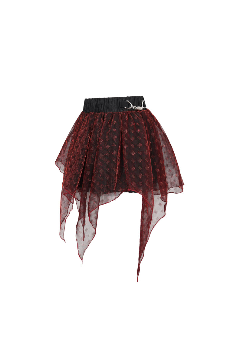 Red Bright Mesh Metal Buckle Decoration Playful And Cute Tutu Short Women's Punk Skirt