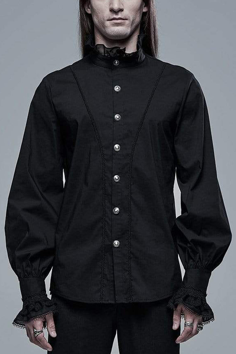 Black Stand Collar Long Sleeves Metal Button Lace Mens Gothic Blouse